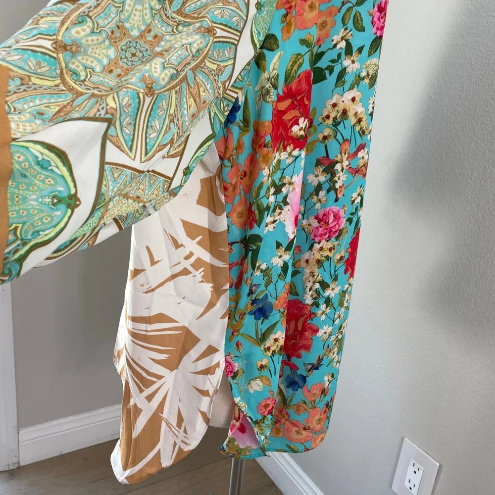Rose + Olive Womens Plus 3X Patchwork Floral Paisley Button Front Blouse Top - Picture 7 of 9